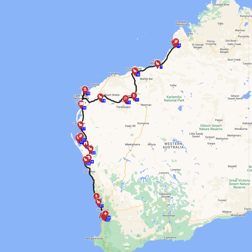 Map for Broome to Perth